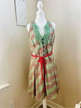 NICK & MO Sleeveless Ruffle-Trim Polka Dot Midi Dress in Mint with Red Tie;SizeL